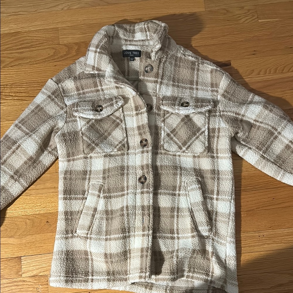 Love Tree Plaid Teddy Jacket - Cream and Brown